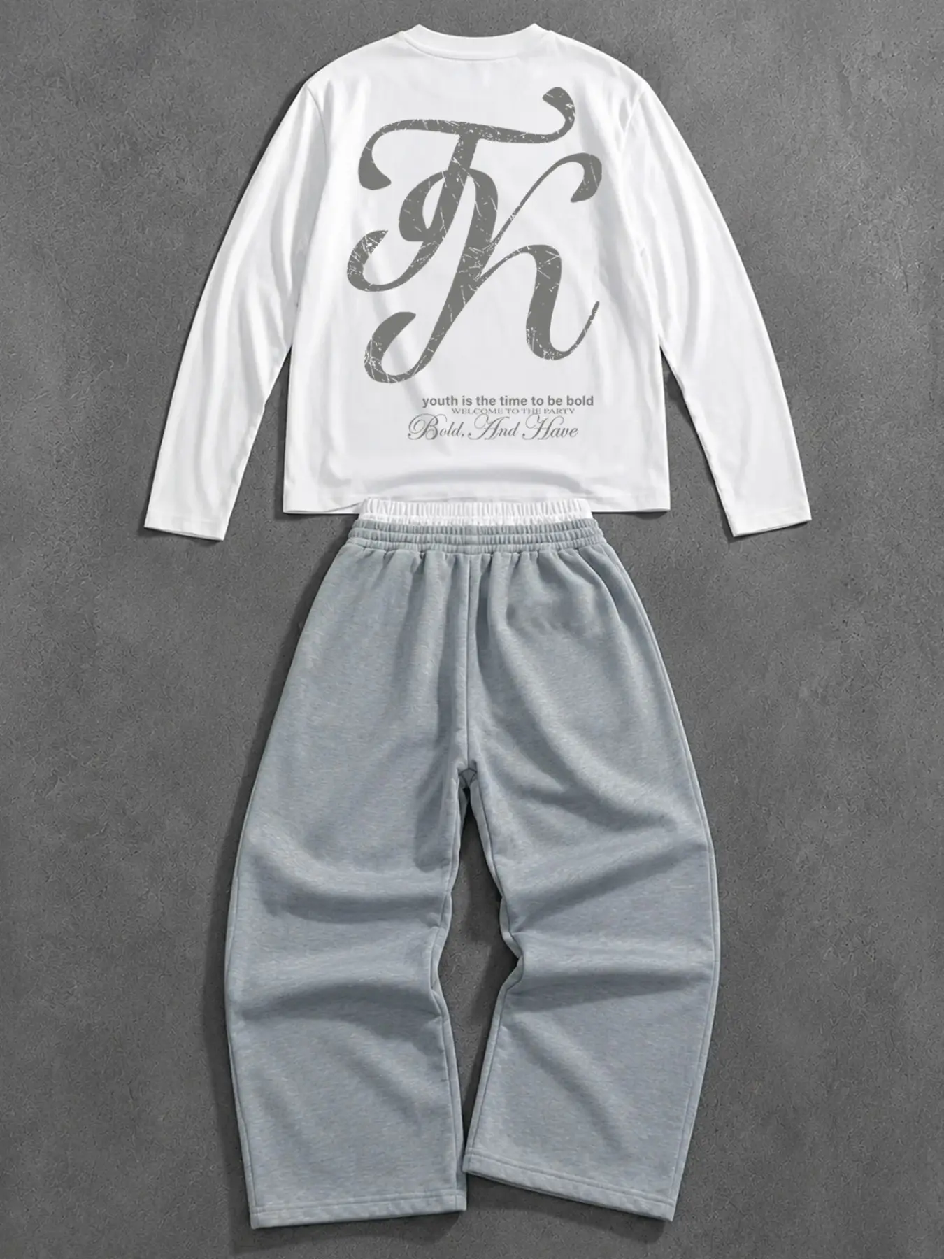 Y2K Viral Men Matching Outfit Retro Letter Logo Black Long Sleeve Top Oversized Baggy Sweatpants White Contrast Waistband Loose Fit Comfortable Wrinkle Resistant Streetwear Tracksuit For Hangout Commute Vacation Lounge Daily Wear