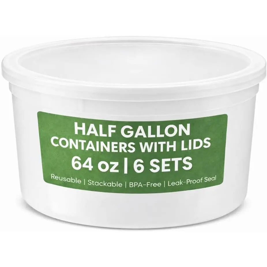 64 oz Plastic Containers with  - (Pack of 6)  Storage Organizer Half Gallon Round Plastic Deli Container with Leak-Proof Lid, , Freezer, Dishwasher & Microwave Safe