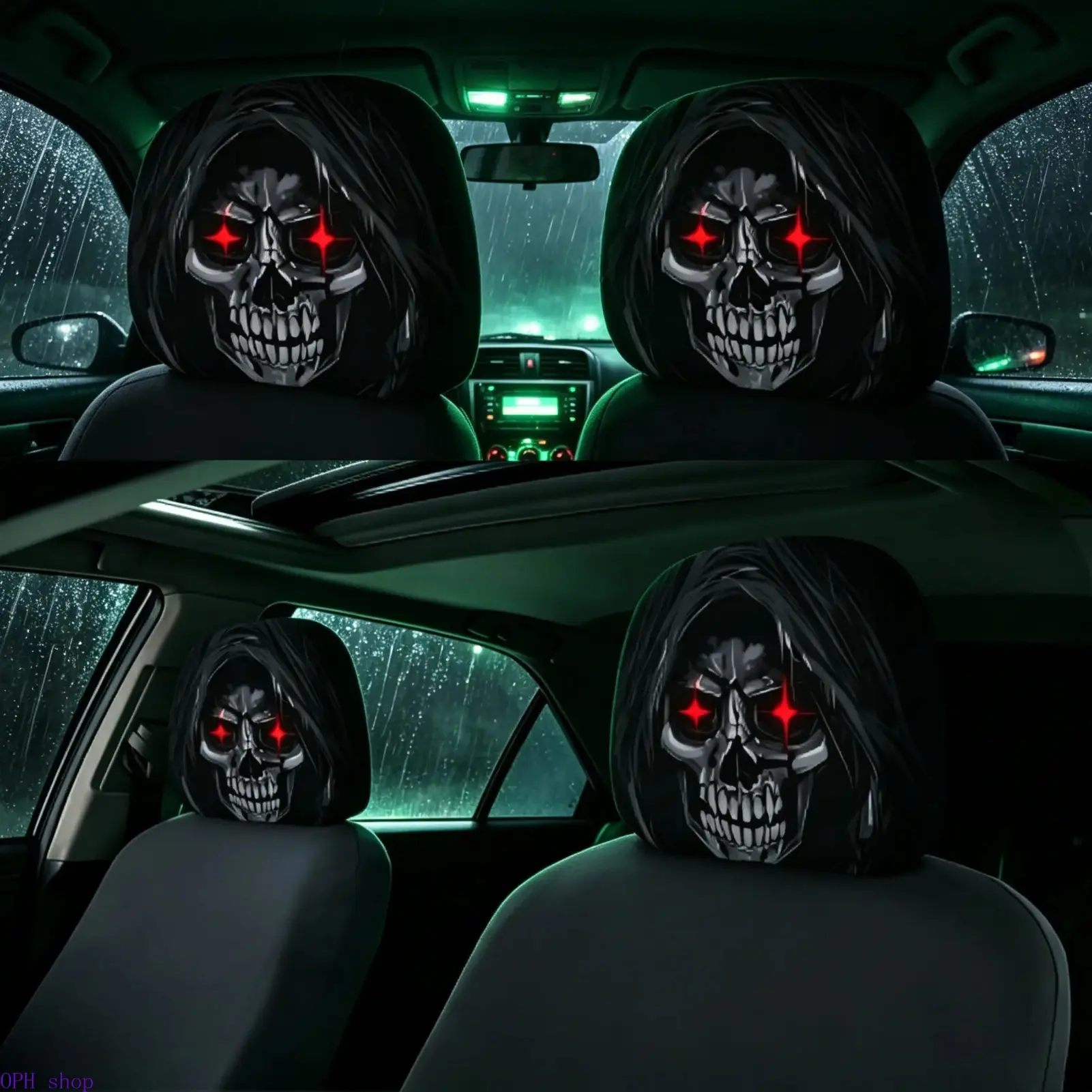 2 Pack Hooded Red Eye Grim Reaper Skull Car Headrest Covers Elastic Universal Fit Seat Protector, Washable Spooky Horror Prank Auto Interior Accessory Halloween Themed Vehicle Decor