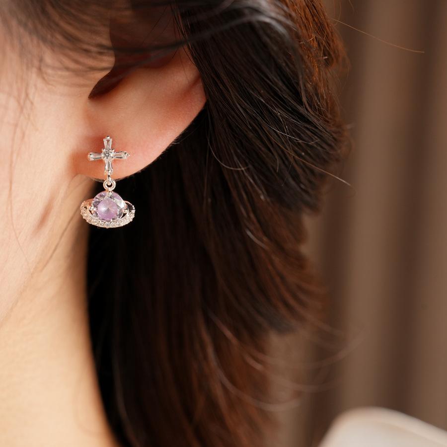 925 Silver Needle Cross Saturn Earrings | Minimalist Cool Style Zircon Planet Earrings Luxury Jewelry