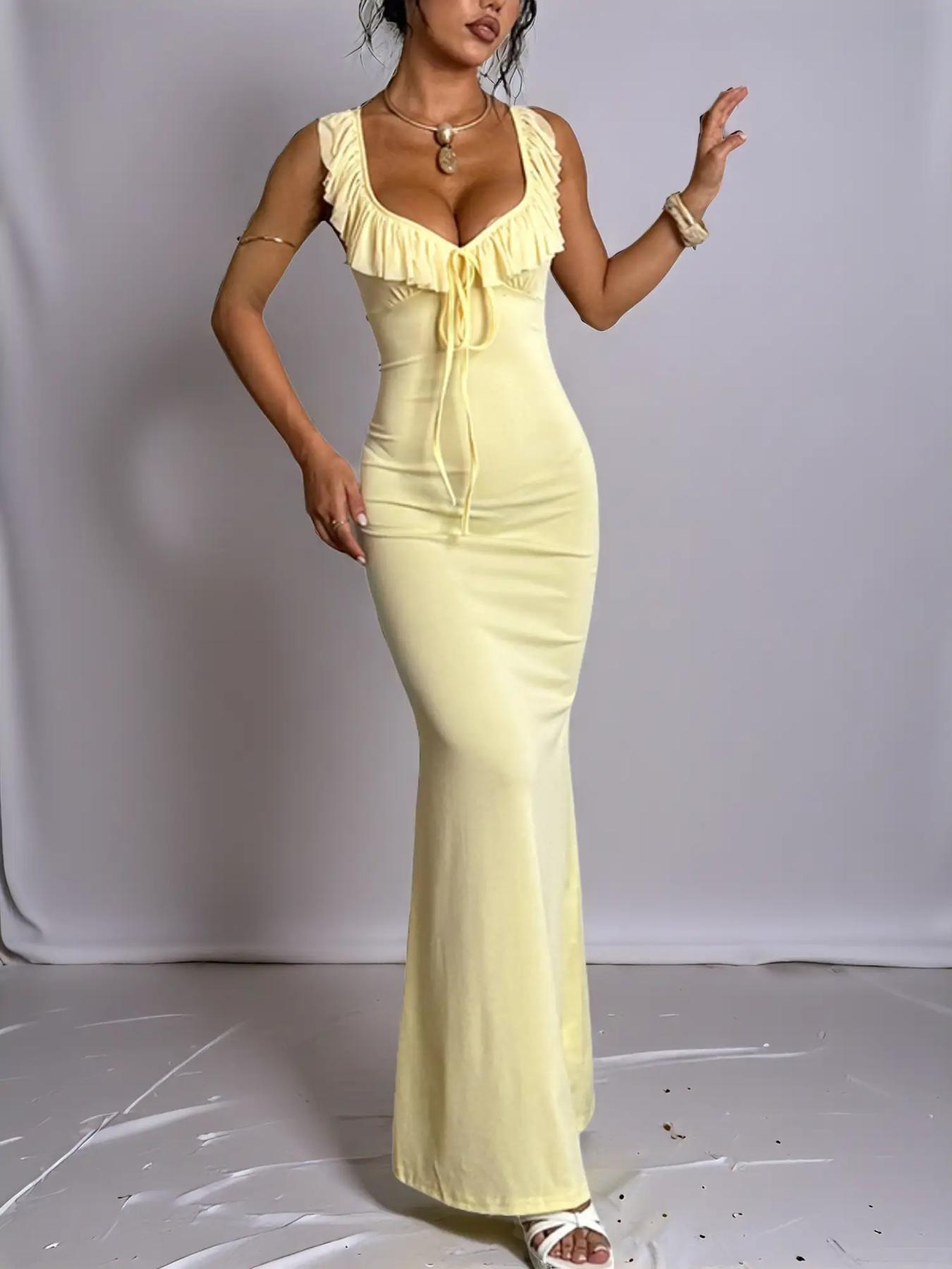 Wowdark Plain Slim-Fitting Backless Dress, Elastic Waistband Design, Sexy Style, Perfect for School & Casual Wear