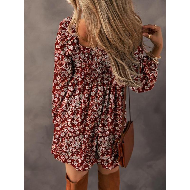 Women's Ditsy Floral Print Sweetheart Neck Shirred Back Dress, Bohemian Elegant Fashion Chic Bishop Sleeve Dress for Feminine Daily Holiday Vacation Wear, Ladies Dress for All Seasons, Casual Summer Boho Chic Womenswear, Casual Loose Dress