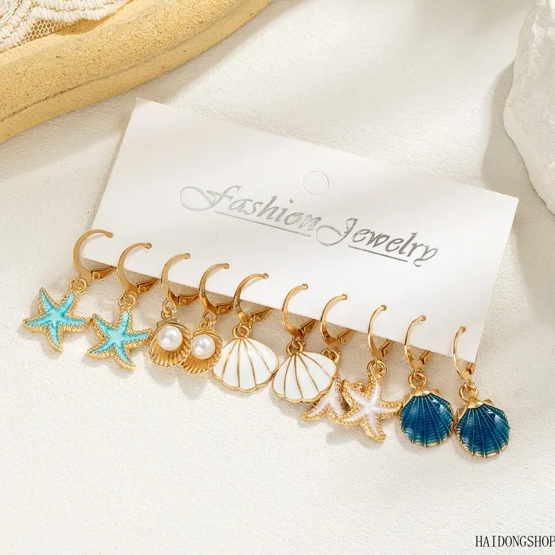 Boho Viral Coastal Cottagecore Ocean Style Multi-Pack Starfish Shell Faux Pearl Drop Earrings For Women, Alloy Marine Earring Card Set, Dainty Accessory For Beach Travel Picnic Daily Outfit Styling