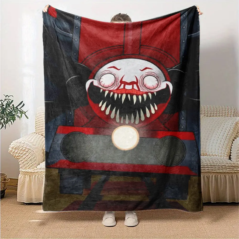 Multi-Size Choo-Choo Charles Train Monster Fleece Throw Blanket, Red-Black Scary Spider Indie Game Print, Soft Lightweight Blanket for Teen Horror Fans’ Bedrooms Halloween Gift