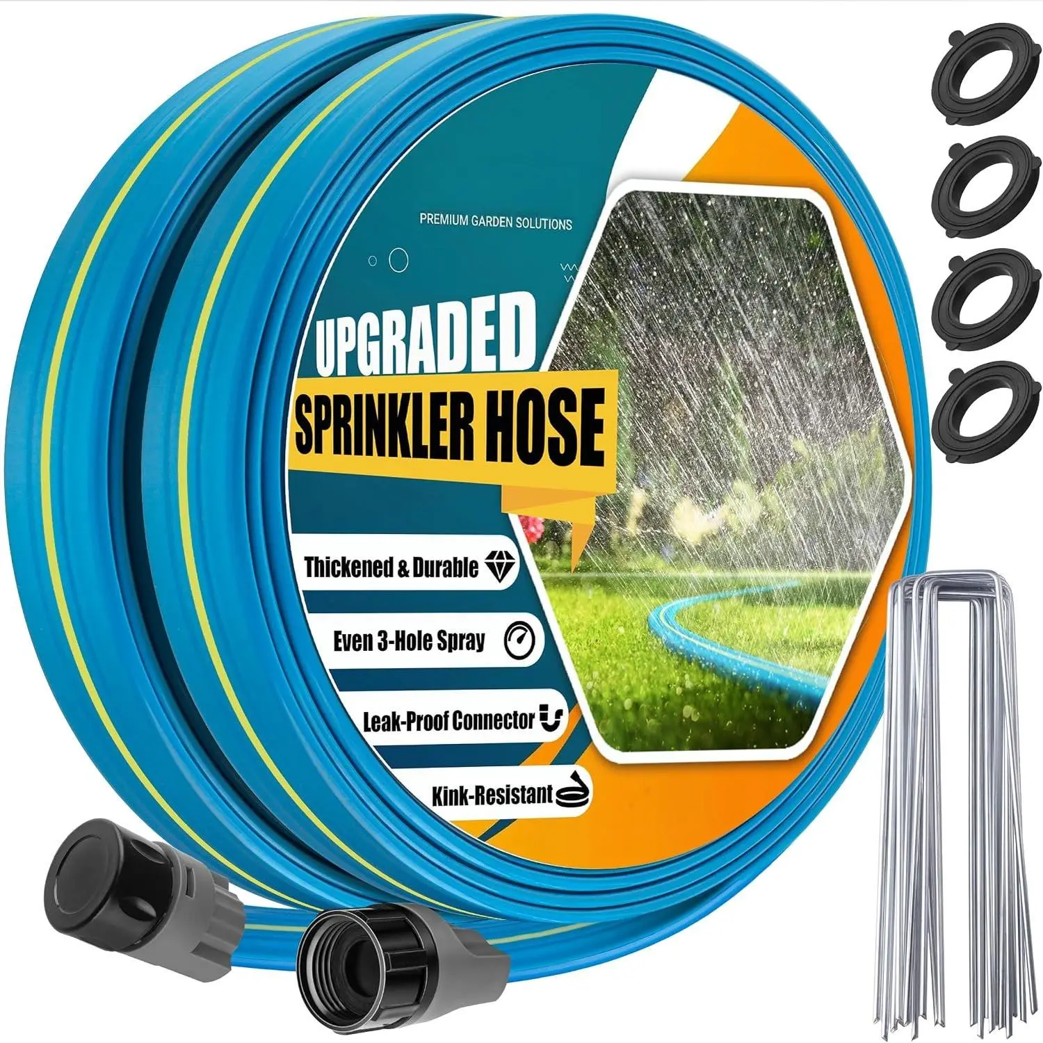 Upgrade Flat Sprinkler Soaker Hose for Garden, Heavy Duty 3-Tube Lawn Irrigation Hose with Landscape Stakes, No-Kink Flexible Watering Hose for Yard,  (15FT)