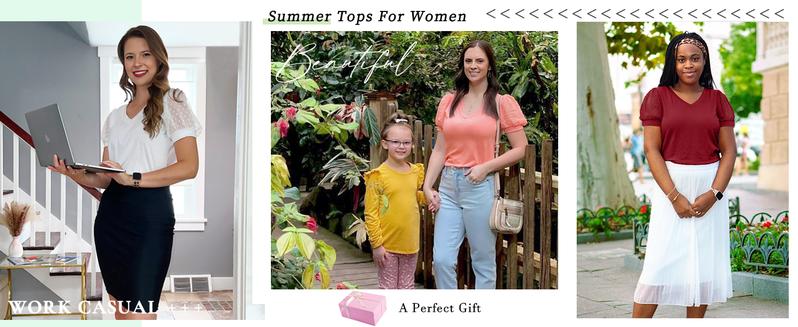 WIHOLL Womens Summer Tops V Neck T Shirts Swiss Dot Puff Sleeve Tops Loose Casual Tshirts