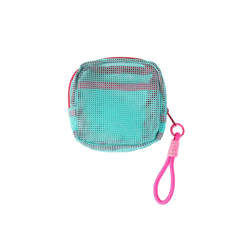 Dopamine Color Mesh Portable Mini Storage Pouch with Hand Strap, Lightweight Multifunctional Zipper Organizer Bag, Travel Cosmetic Makeup Bag for Outdoor, Daily Use, Earbuds, Cards & Small Accessories