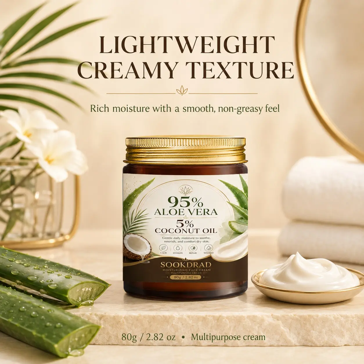 Aloe Vera Coconut Oil Moisturizing Face Cream, 95% Aloe Vera, 5% Coconut Oil, Calm, Hydrate, Repair, Nourish, Dry Skin, Multipurpose, 80g