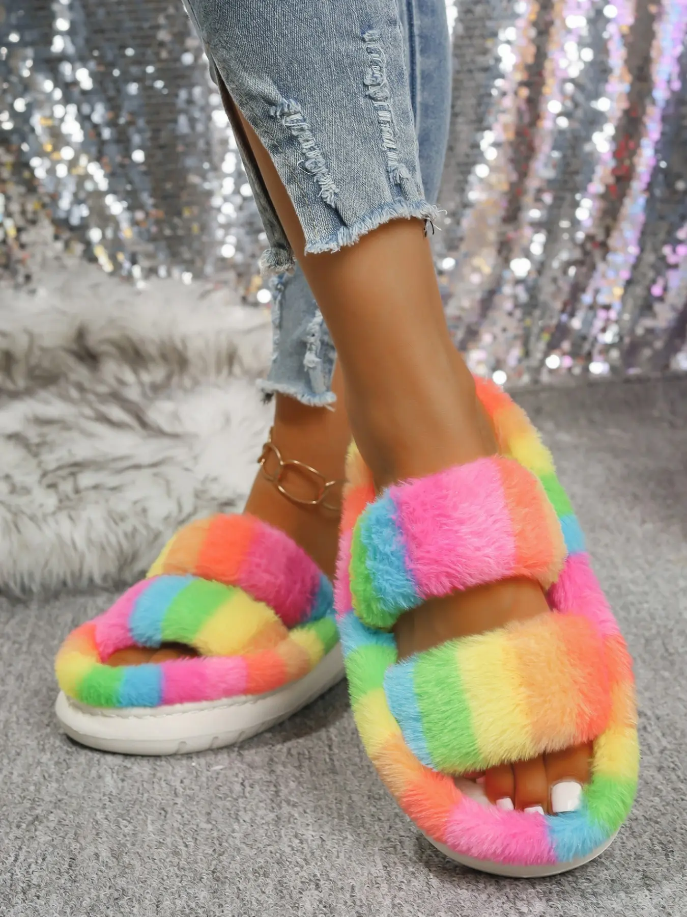 Rainbow Stripe One-Strap Slippers for Women, Thick Sole Plush Indoor Home Slippers, House Slippers, Open-Toe Warm Cotton Slippers for Autumn Winter, Large Sizes