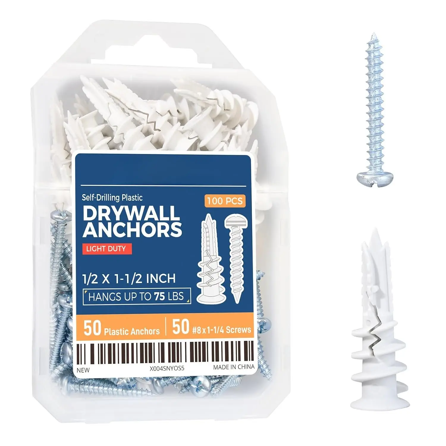 8# 100 count Self Drilling Drywall Anchors Kit - 75LBs Heavy Duty Plastic Drywall Hangers with 50 Self-Tapping Screws - Mounting Hardware for Sheetrock Anchors