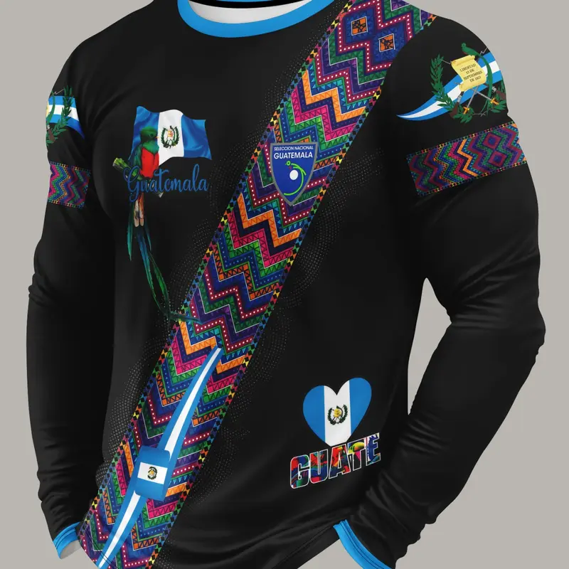 Guatemala Traditional Blue Sports Shirt, Daily Wear Sportswear, Colorful Zigzag Pattern, Flag Elements, Duck Design, All Seasons, Long Sleeve Top
