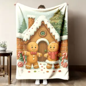 New 2026 Arrival Cozy Gingerbread House Blanket - Ultra-Soft Plush Winter Bedspread With Gingerbread Men, Snowy Houses & Candy Canes, - Bedding Suitable For Home, Holiday Gift