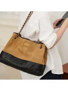 Crossbody tote bag, popular Chanel-style commuter leather bucket bag, quilted chain shoulder bag
