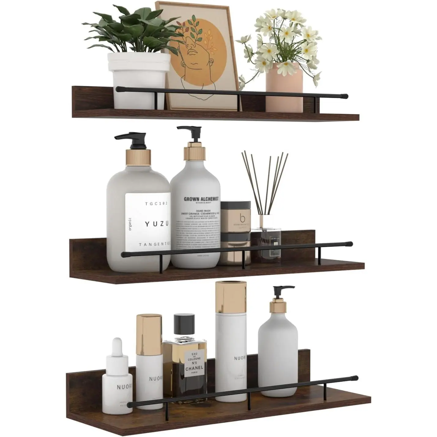 16 Inch Brown Floating Shelves with Black Guardrail, Wood Shelves for Wall Set of 3, Wall Shelf for Bedroom Living Room Nursery