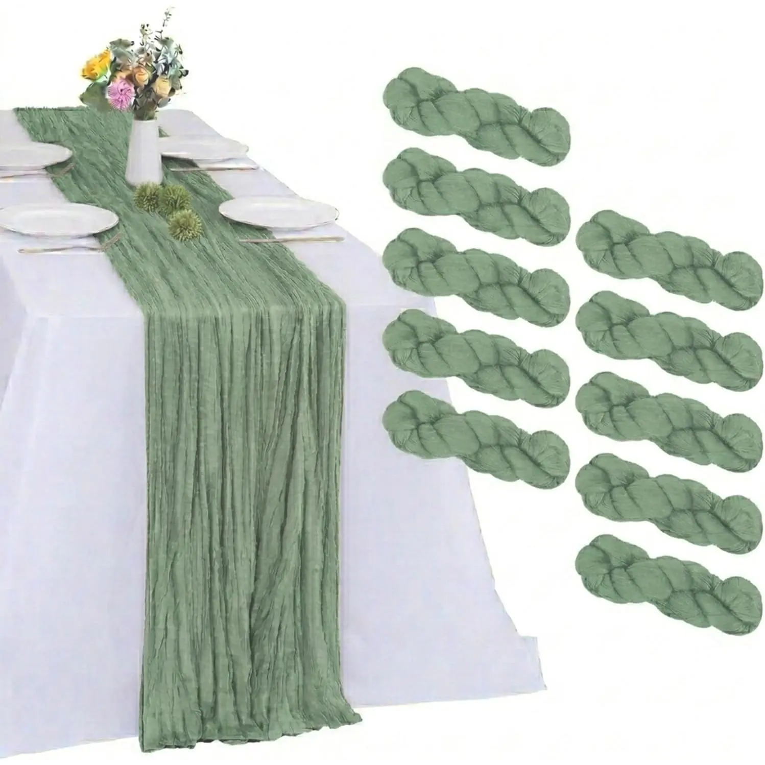 10 Pack Sage Green Cheesecloth Table Runner 17 x 108 Inch Boho Gauze Fabric, Rustic Sheer, For Wedding Birthday Party Baby Shower, Home Decorations