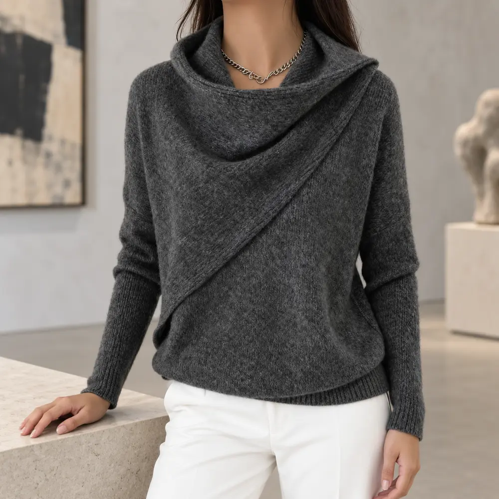 Women's Cowl Neck Knit Sweater, Asymmetrical Draped Collar, Womenswear Long Sleeve Loose Fit Pullover for Fall Winter, Casual Work and Travel Outfits
