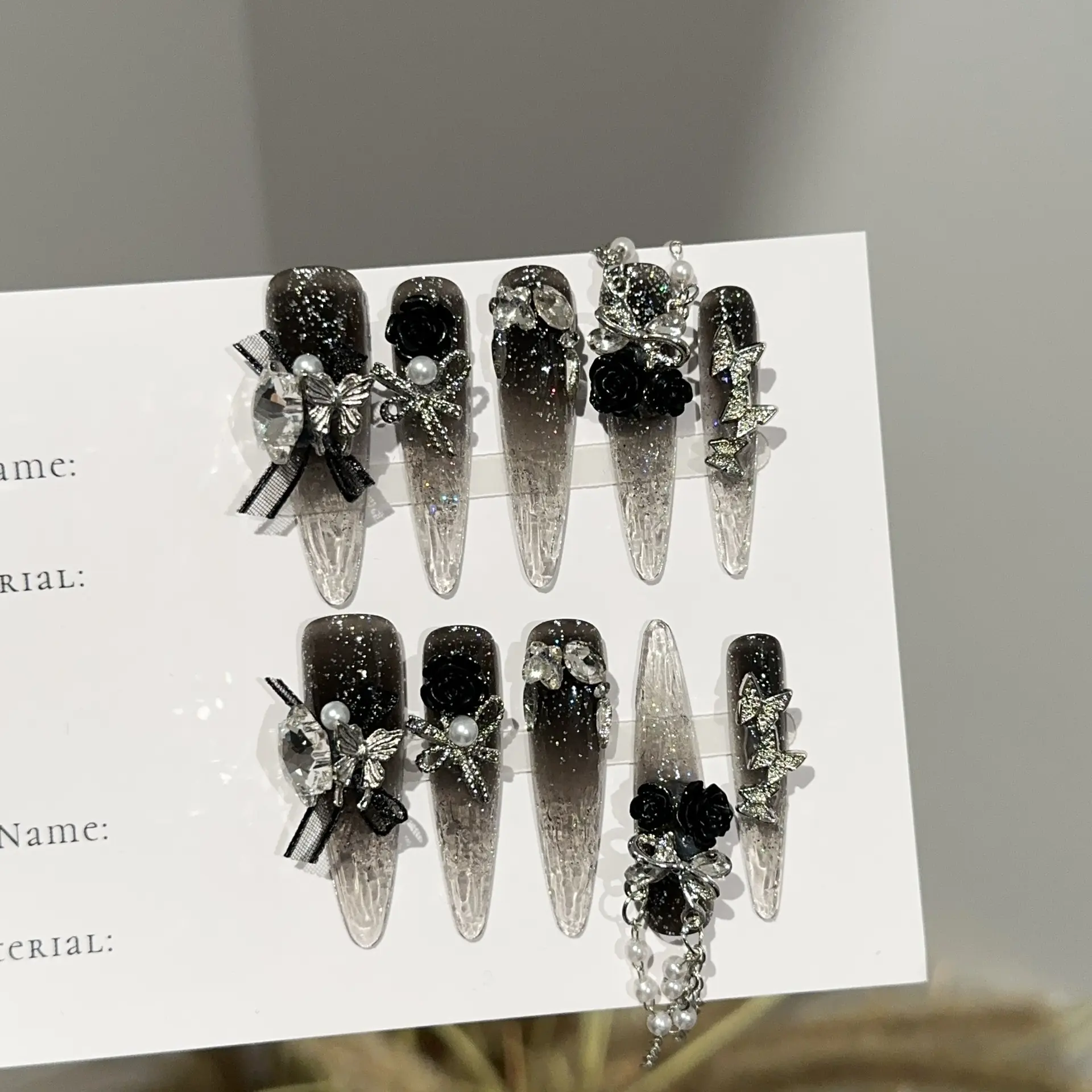 Atelier Handmade Black Glitter Smoky Ombre Black Rose Butterfly Mesh Bow Pearl Dangle Chain Rhinestone Press On Nails Extra Long Stiletto Dark Coquette Goth Wedding Evening Party Luxury Glossy Reusable False Pressons