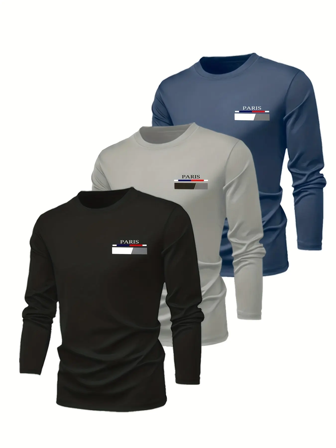 3 Pack Men's Quick-Dry Long Sleeve T-Shirts, Breathable and Lightweight, Multiple Colors, Gym Wear, Sporty Fitted Design, Athletic Workout Shirt