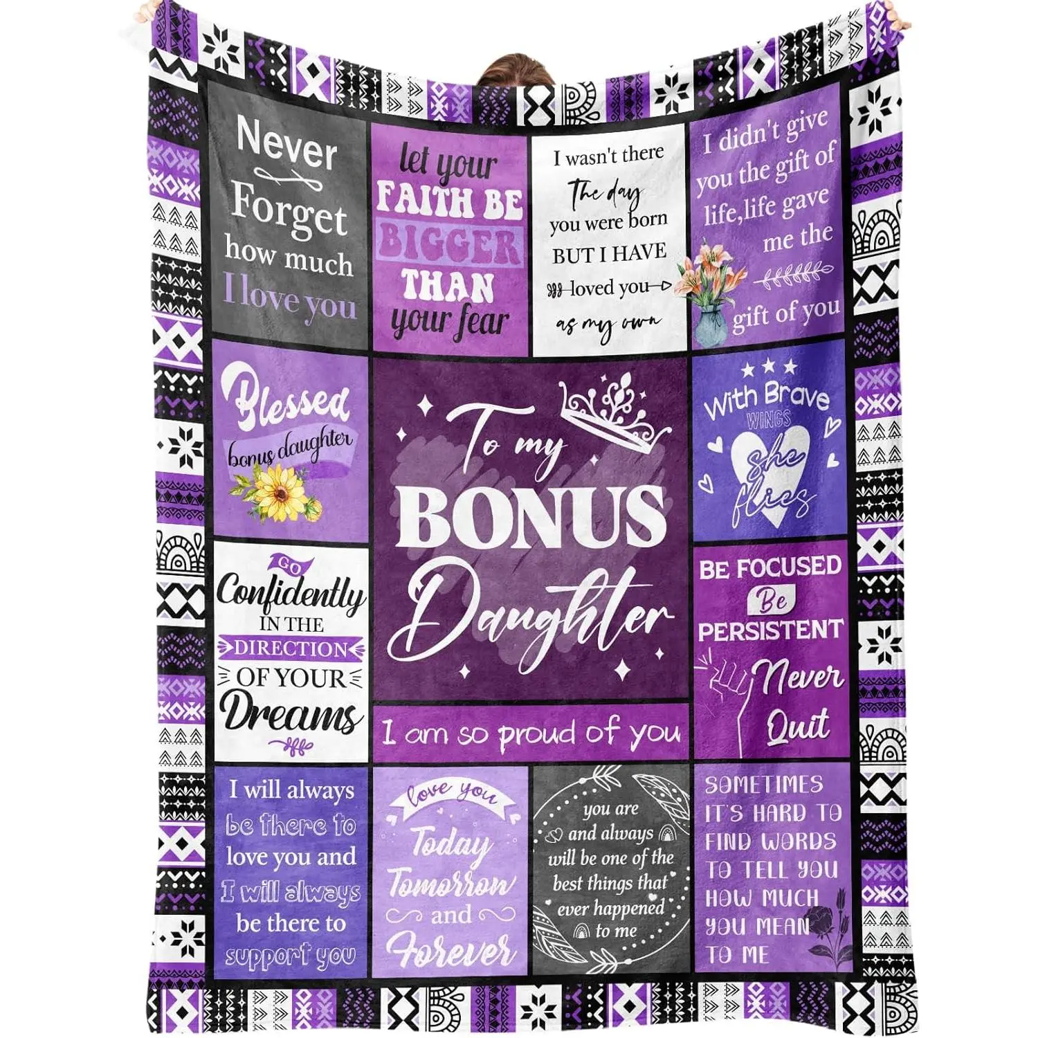 Bonus Daughter Gifts, Step Daughter Gifts from Stepmom and Stepdad for Christmas, Birthday, Mother's Day, Thanksgiving Day, to My Bonus Daughter Blanket, Purple Flannel Throw Blanket 50" X 60"    （Translation note: The original text contains multiple gift