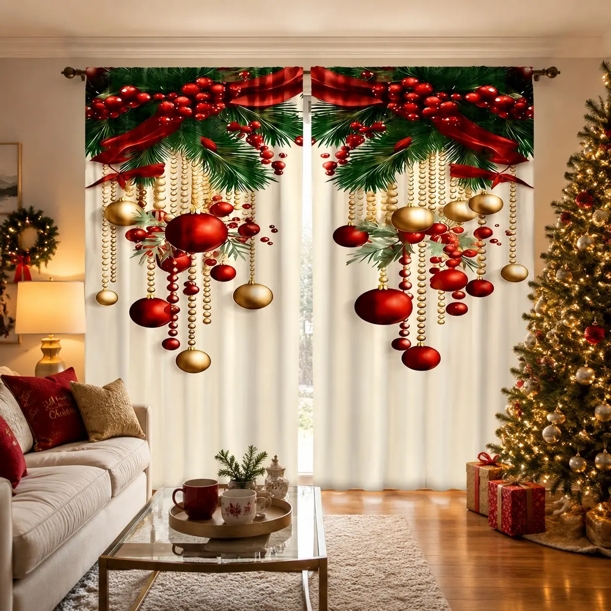 2 Piece Set Christmas Home Decoration Curtain Fabric, 2D Flat Print, Rod Pocket, Digital Print, Modern Style, Perfect for Bedroom, Living Room, Dining Room Decor, Window Curtains