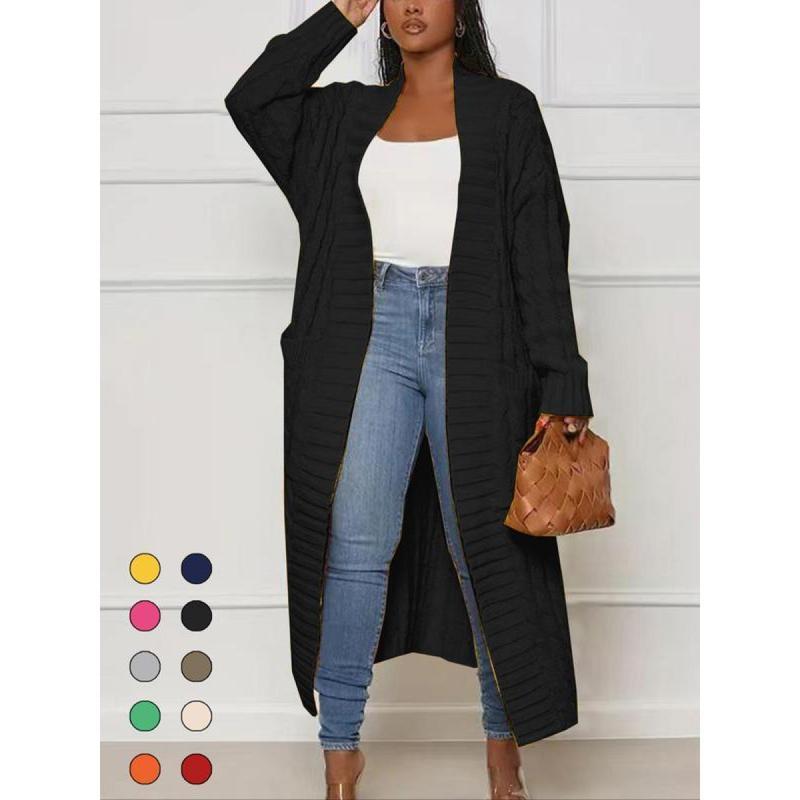 Women's Solid Color Textured Drop Shoulder Pocket Longline Cardigan, Casual Open Front Long Sleeve Knitwear for Fall & Winter, Women's Knit Clothing for Daily Wear, Lady Baggy Cardigans for Women, Womenswear, Casual Knit Top Can be used with a raincoat
