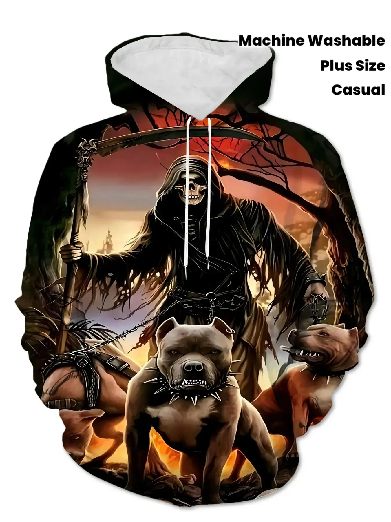 Men'S Grim Reaper 3D Print Hoodie - Gothic Horror Style Sweatshirt With Hood And Pockets, Suitable For Halloween Costumes And Themed Events, Machine Washable Knit Fabric, Casual Outdoor Wear With Grim Reaper And Hellhound Design, Plus Size