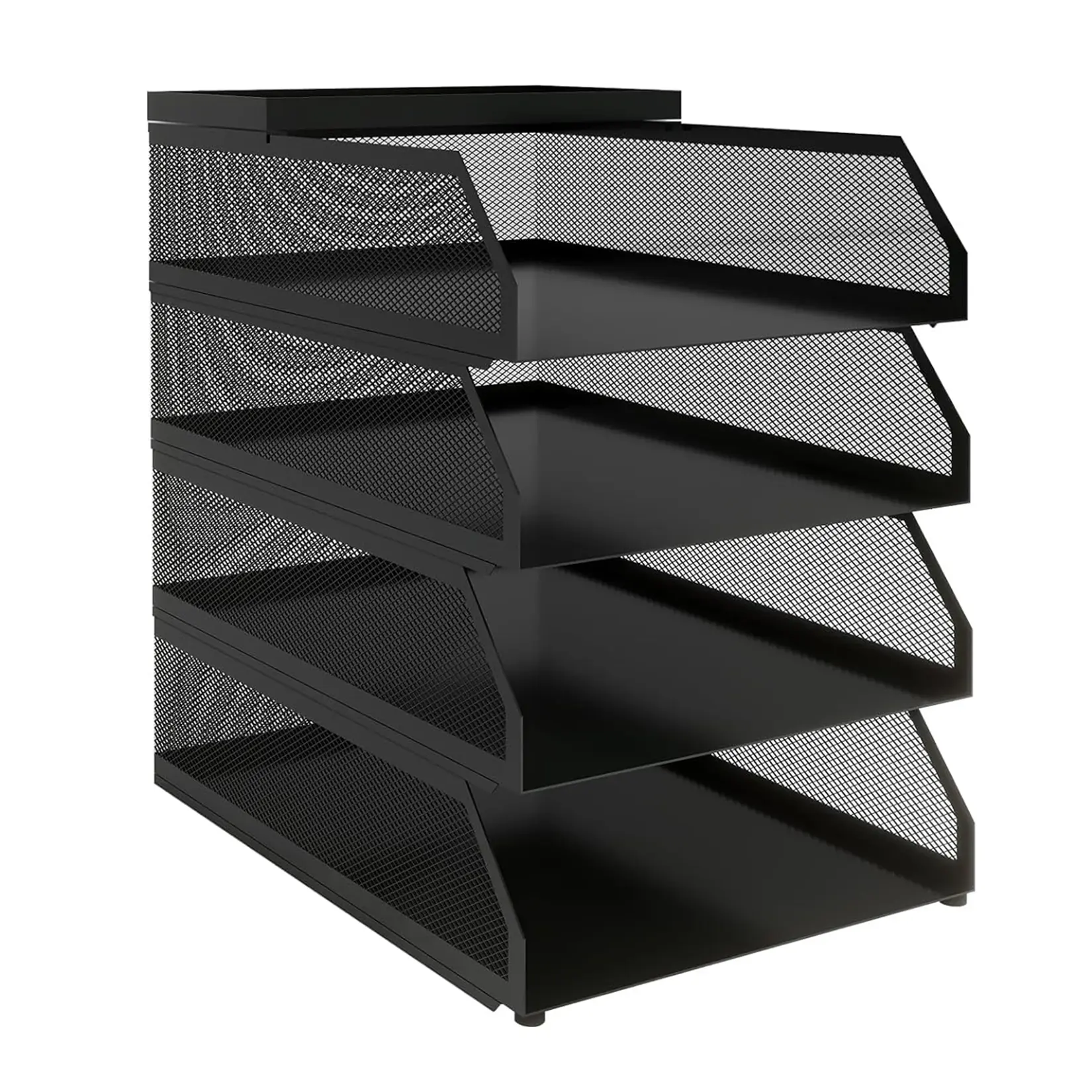 Stackable Mesh Desk Organizer - 4 Tier Black Metal Document Tray with Top Shelf - Slanted Letter & Folder Holder