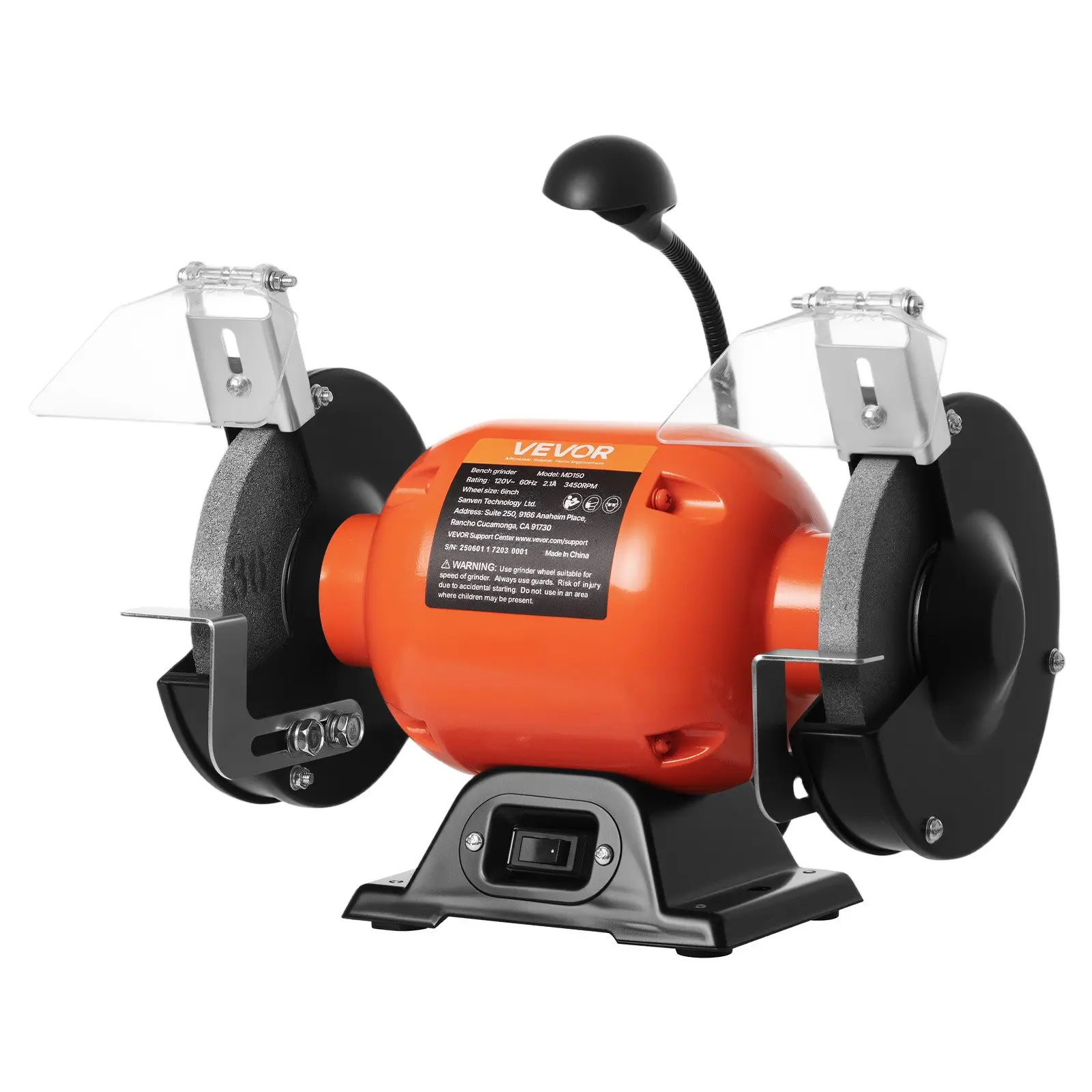 【Summerfinds】VEVOR Bench Grinder, 6-inch Single Speed Bench Grinder, 3450RPM High-Speed Table Grinders with 250W 2.1A Induction Motor, 36/60-Grit Grinding Wheels & LED Work Light for Fast Sharpening Grinding