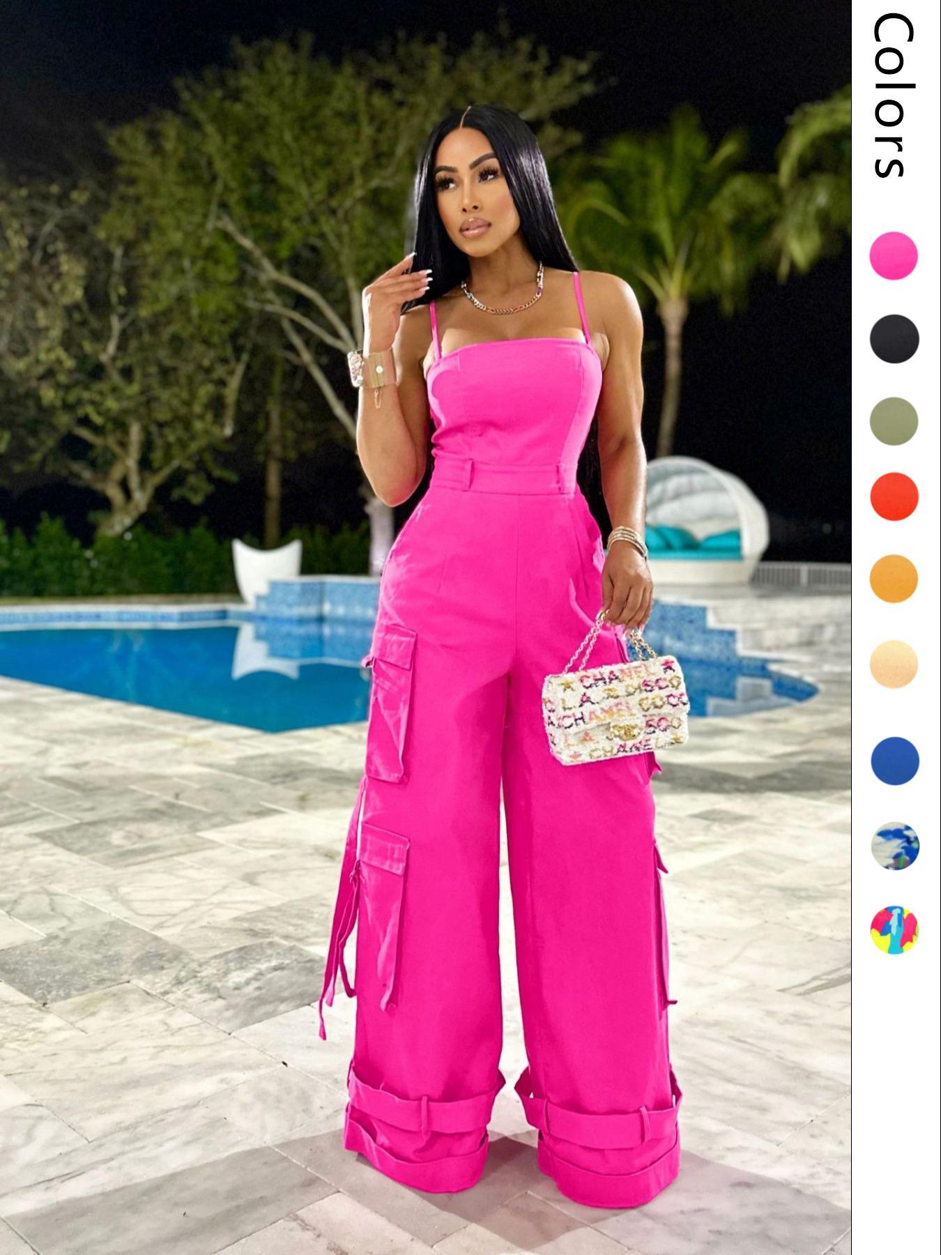 Women's Plain / All Over Print Multi-Pocket Wide Leg Cargo Jumpsuit, Casual Tape Decor Backless Spaghetti Strap Cami Sleeveless Jumpsuit, Ladies Clothes For Streetwear