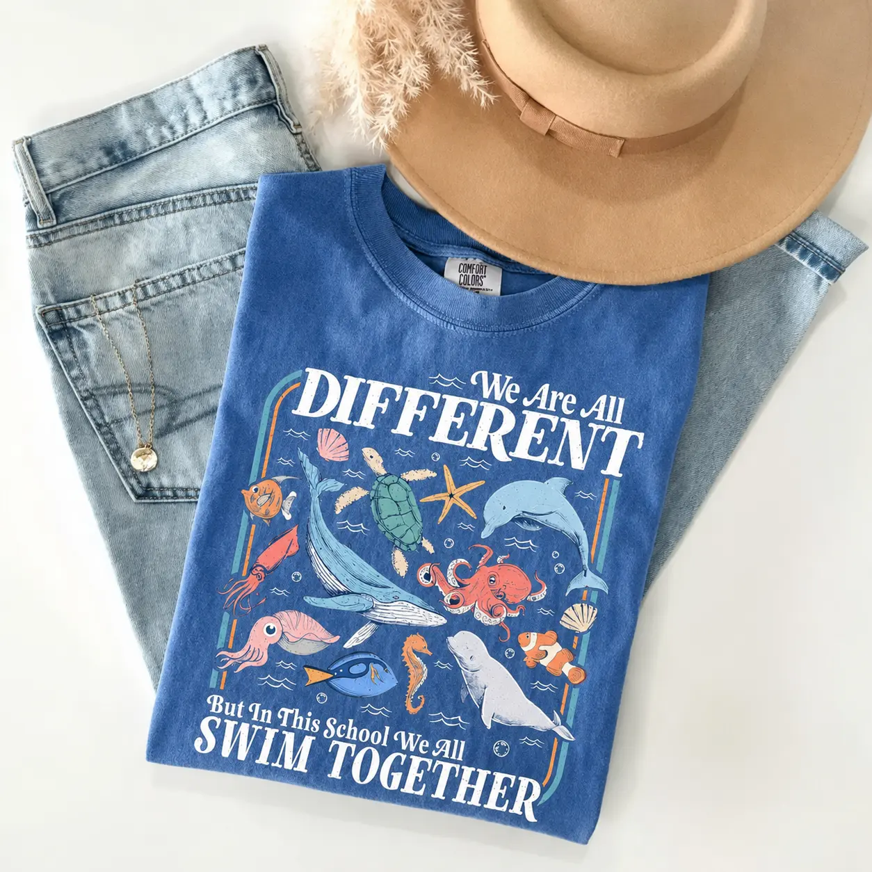 Comfort Colors We Are All Different Swim Together Vintage T-shirt Teacher  Back To School Inclusive Ocean Animals Tee Teacher Appreciation