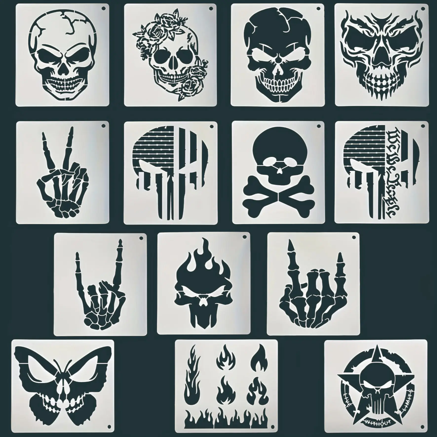 14pcs Halloween Skull Templates, Reusable Plastic Fire Skull Stencils for Wood Painting, Spray Art Crafts, Wall Canvas Burning