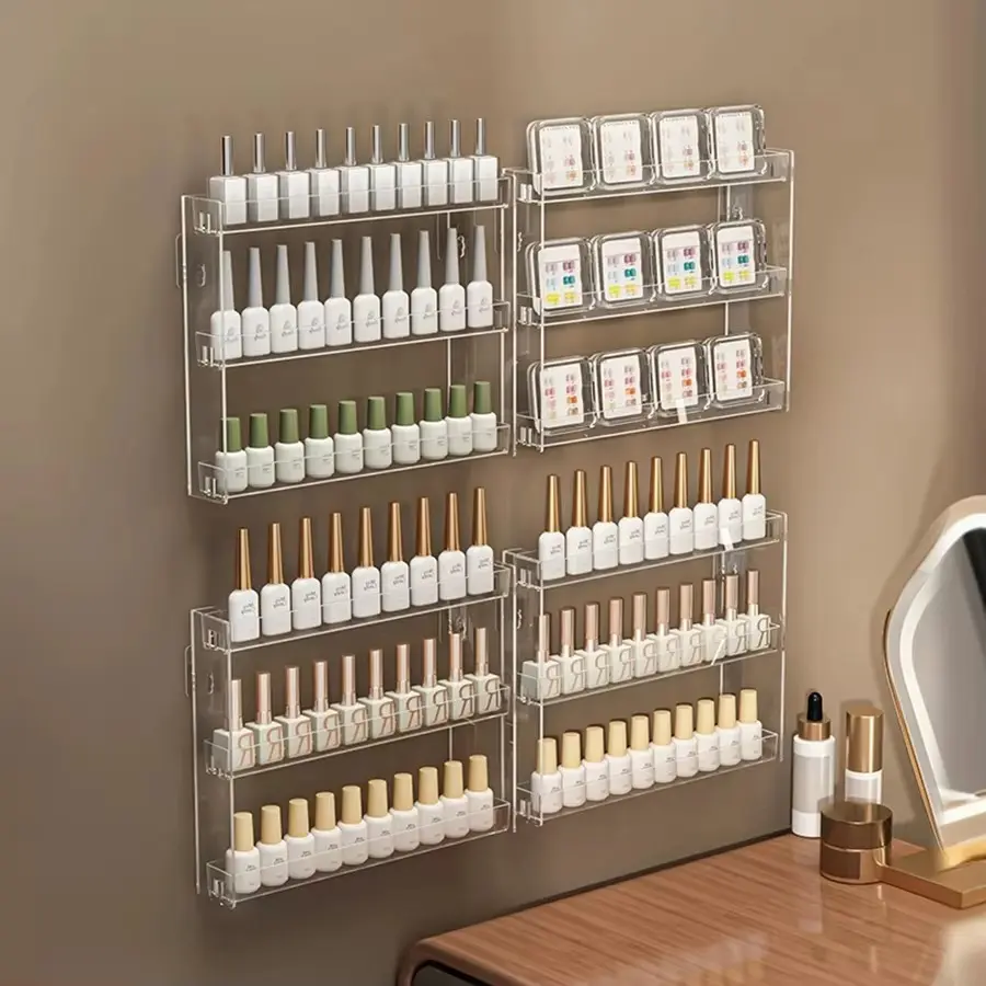 Wall-Mounted Multi-Layer Display Rack for Nail Polish, Storage Organizer for Manicure Tools, Compact Shelf for Beauty Supplies