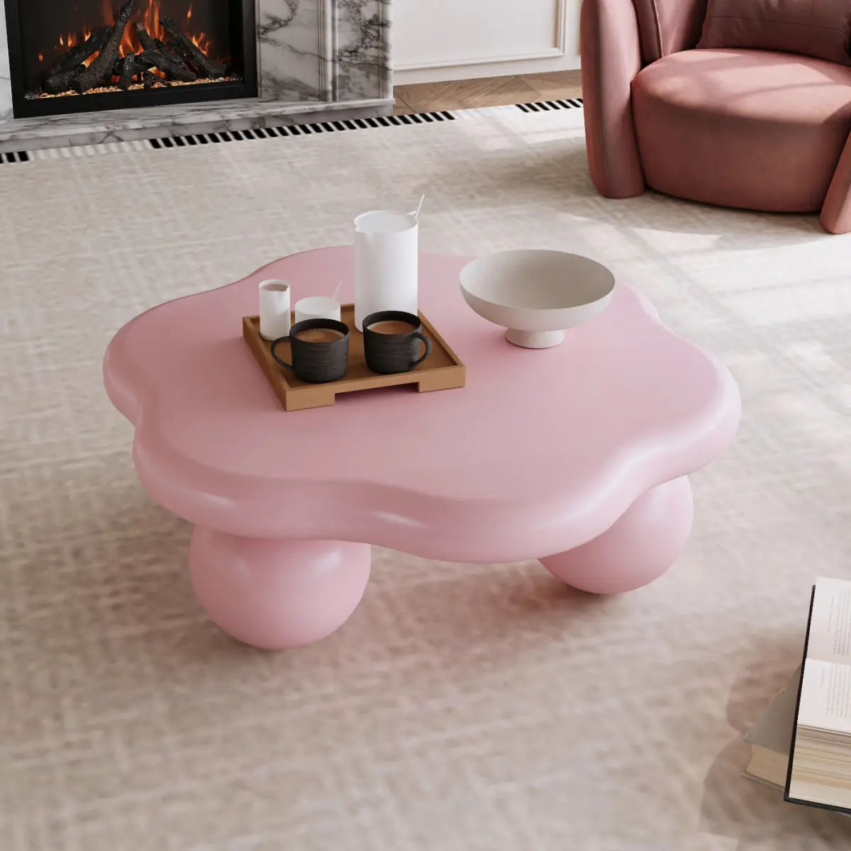 35" Diameter Modern Minimalist Macaron Pink Cloud-Petal Coffee Table with Spherical Legs - Adjustable, Kid-Friendly, Space-Saving Indoor Living Room/Entryway Table for Small Apartments, Home Decor