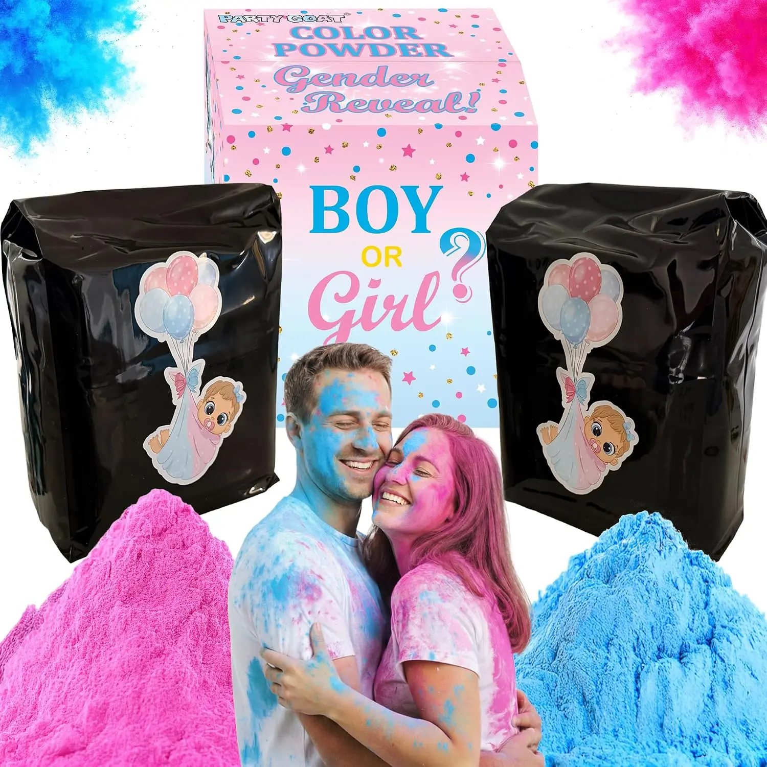 Gender Reveal Powder for Boy or Girl, 6lb Blue & Pink, 2x3LB Blackout Bags |   Non-toxic, leakproof; pink & blue powder for tire burnout color, exhaust smoke & targets; party kit + gender reveal guide