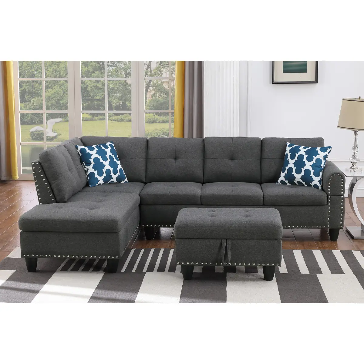 Alger 98" Width Left-Hand Facing L-Shape Linen Blend Sectional Sofa Bundle Set, Traditional-Modern 3-Seat with Chaise, Dark Gray, Rounded Arms, Foam Cushion, Storage Ottomans, Low Profile, Subtle Tufting, 67.5x29.2x13in Indoor Furniture for Small Spaces