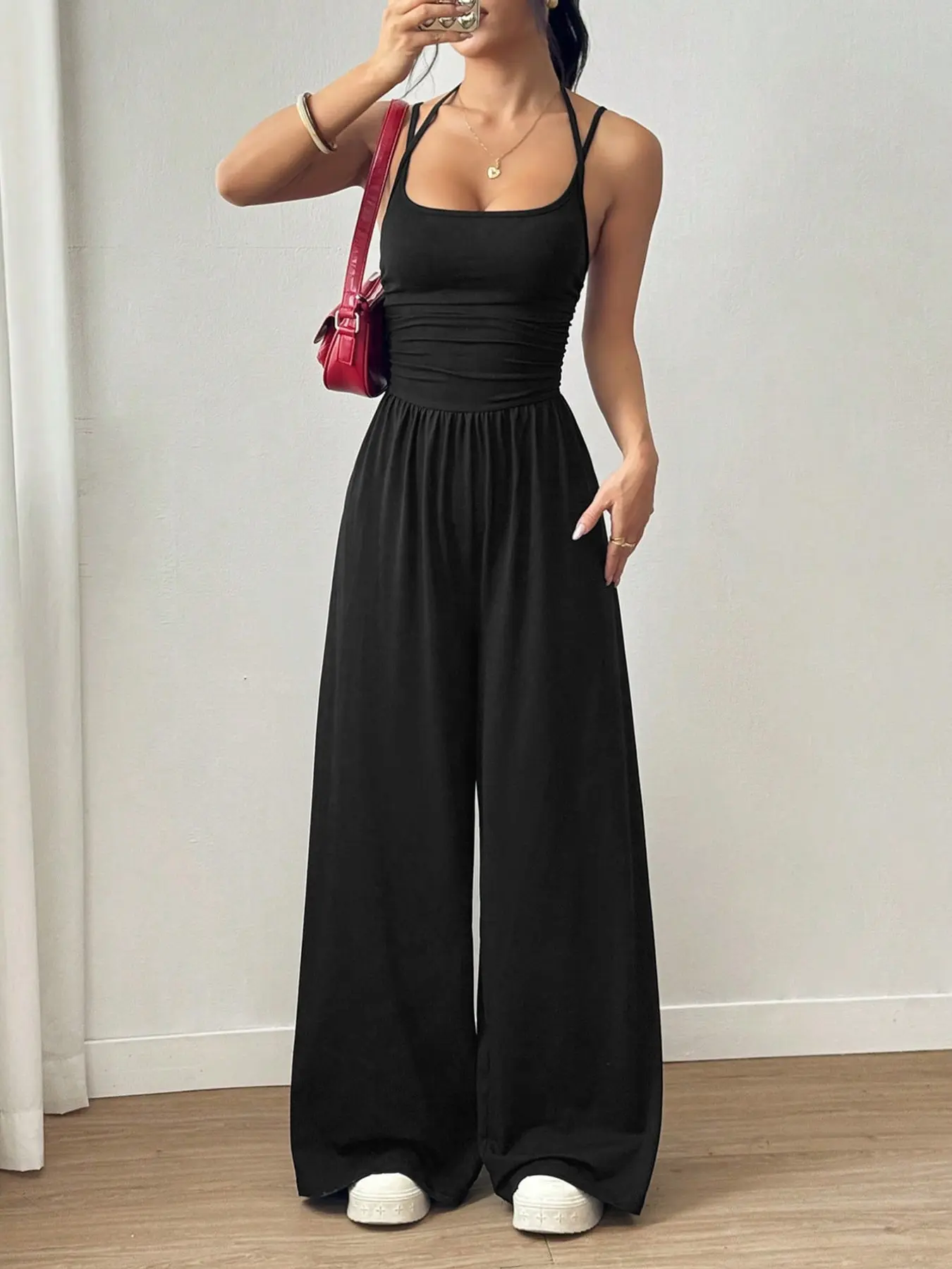 Women's Camisole Flared Pants Bodysuit, Tummy-Control Flared Wide-Leg Pants, Double-Strap Square Neck Halter Top, High-Elastic Flared Version Slim-Fit Bodysuit, Suitable For Yoga, Sports, Daily Casual And Dance.