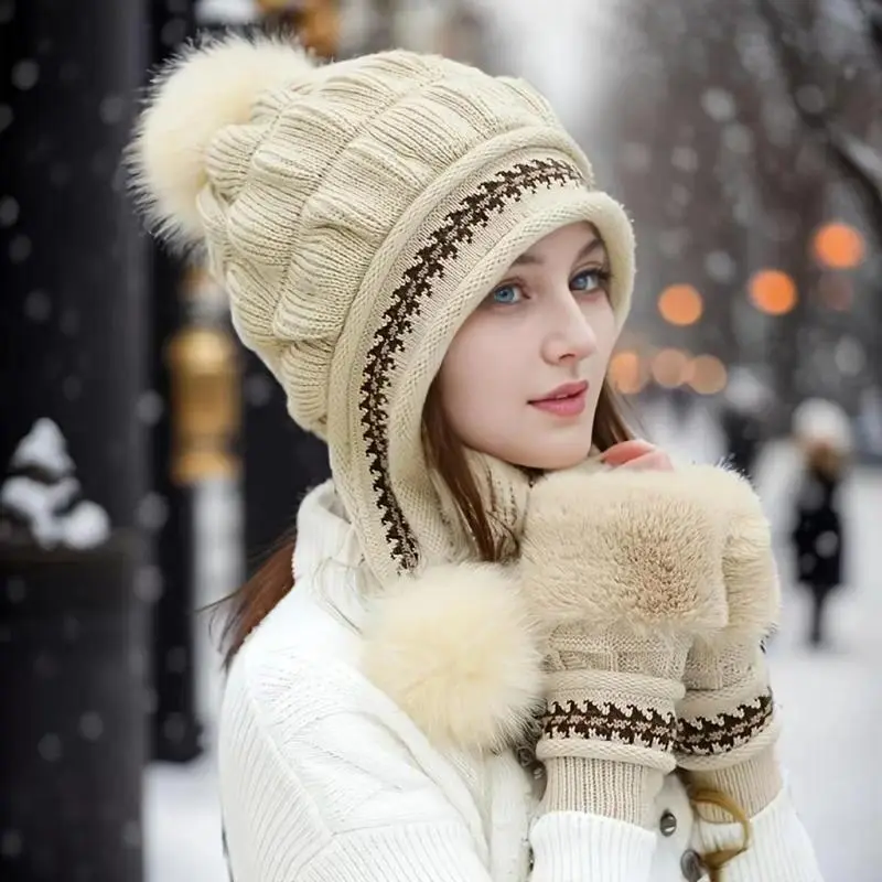 Women's Winter 2‑Piece Plush Hat & Fingerless Gloves Set, Thermal Insulated Warm Outfit With Cold‑Proof Earmuffs, Ultra‑Soft Lining For Daily Commuting And Outdoor Adventures
