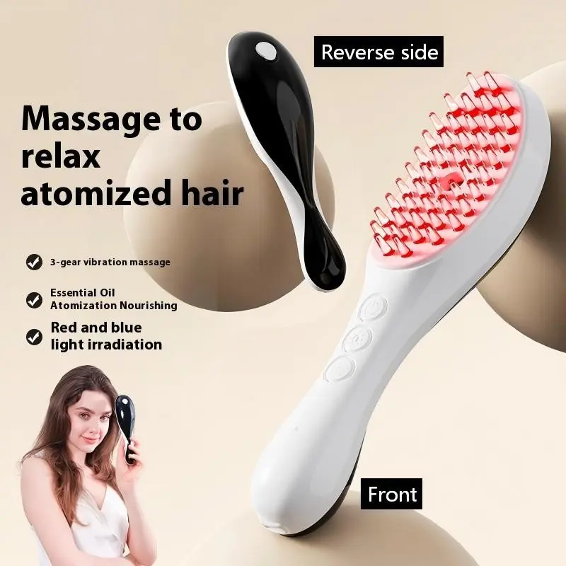 Electric massage comb, hairdressing massage comb, Type-C fast charging (including 180mAh lithium battery), Multi-gear adjustment, Red and blue light + essential oil mist nourishing + 3d vibration, Aromatherapy, Compact and portable, Suitable for families