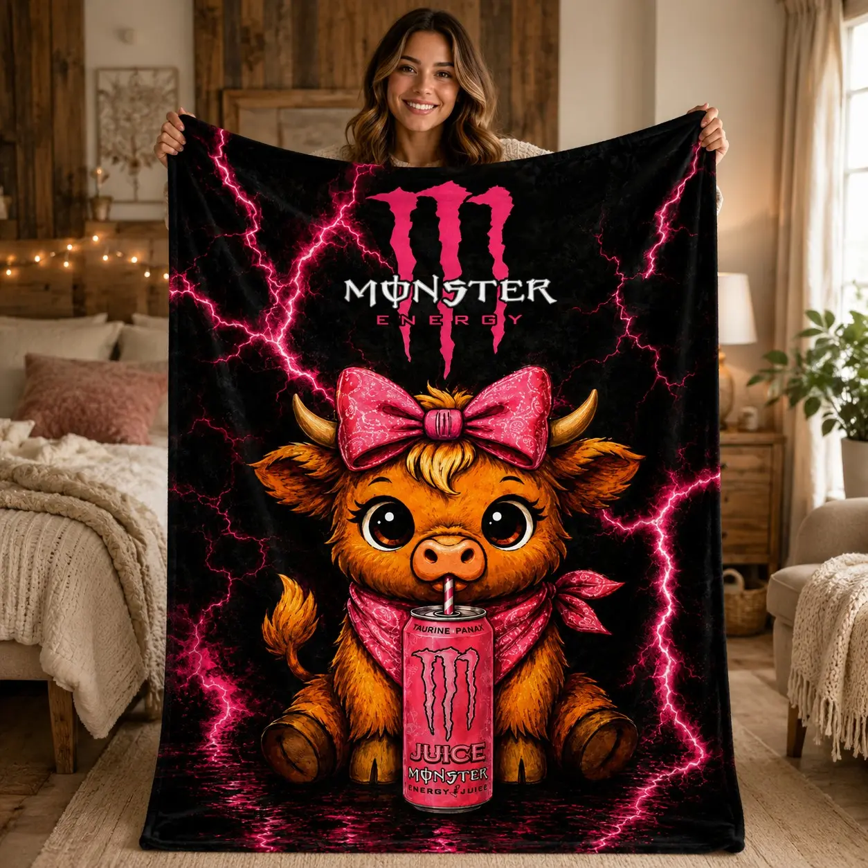 1pc Pink Monster Energy Cow Themed Fleece Blanket, Bow Cow With Pink Roses & Lightning Cool Print, Sweet Coquette Street Style. Soft Warm Cozy Nap Throw, Multi-use for Sofa, Bed, Office, Shawl, Camping, Perfect Christmas Gift.