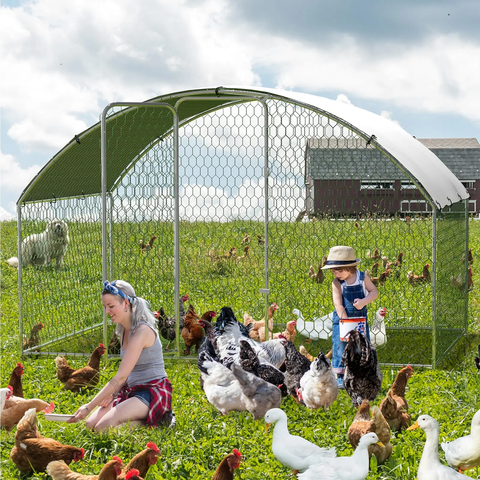GARVEE Large Metal Frame Chicken Coop, Gable Roof Outdoor Run for Yard, Walk-in Poultry Cage with Waterproof & UV Protection Cover, for Backyard Farm (9.8x6.5x6.5FT), Large Coop