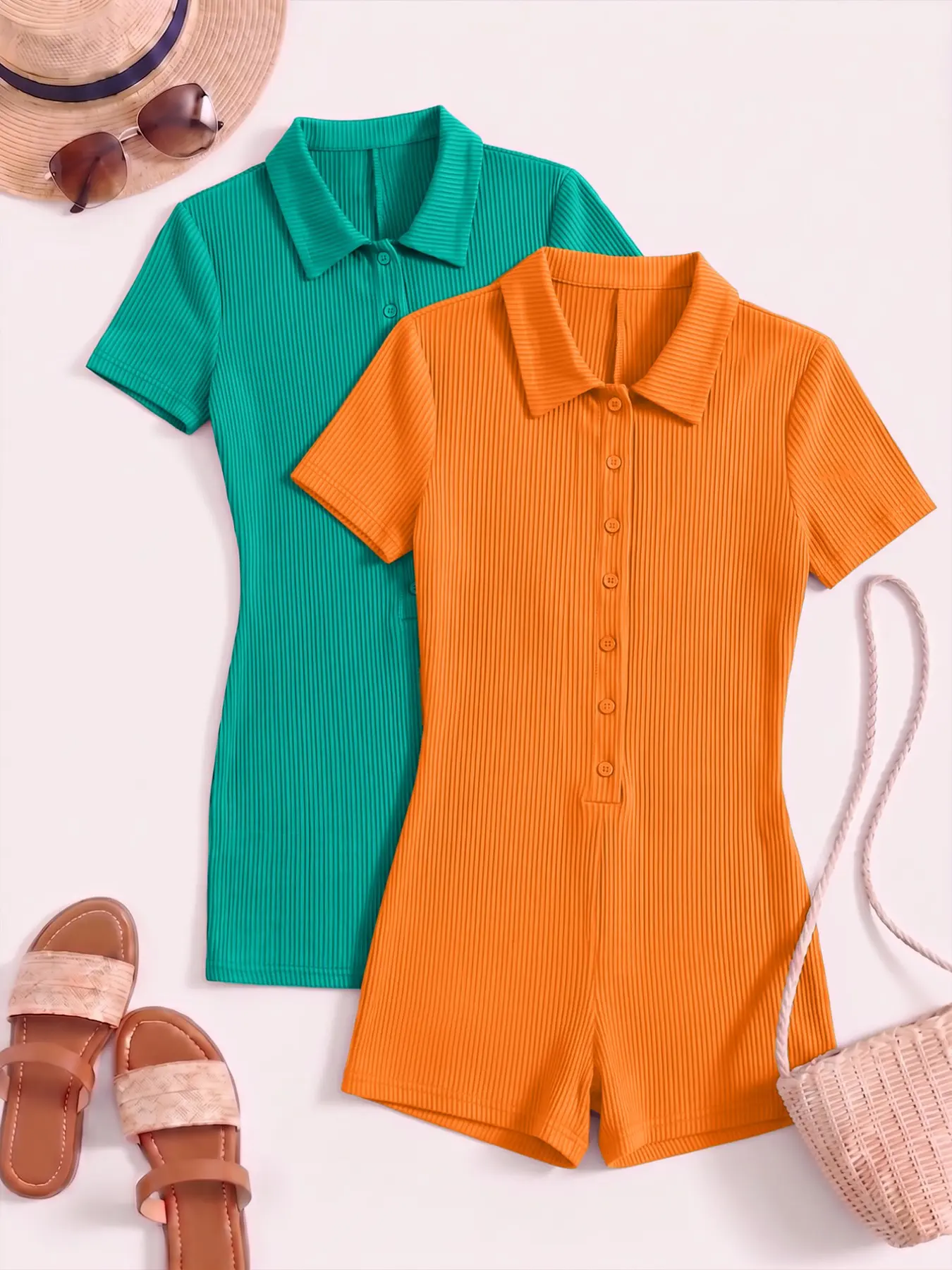Ribbed Knit Polo Romper, Short Sleeve Button Front Bodycon Jumpsuit, Casual Everyday Slim-Fitting Plain Surface Unlined Clothing