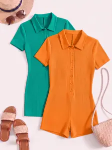 Ribbed Knit Polo Romper, Short Sleeve Button Front Bodycon Jumpsuit, Casual Everyday Slim-Fitting Plain Surface Unlined Clothing