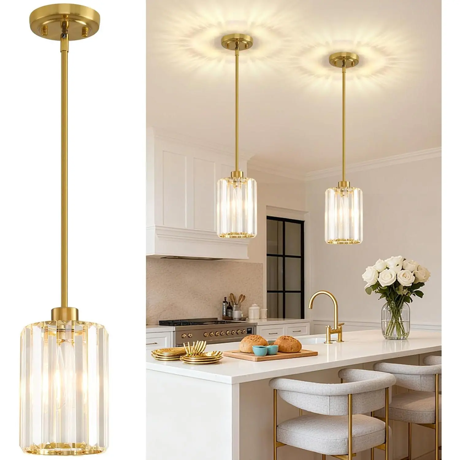 2 Pack Pendant Lights Kitchen Island, Modern Gold Pendant Light Fixtures, Mini Chandelier Crystal Kitchen Island Lighting, Hanging Pendant Lights Fixture for Kitchen Island Dining Room Hallway Foyer