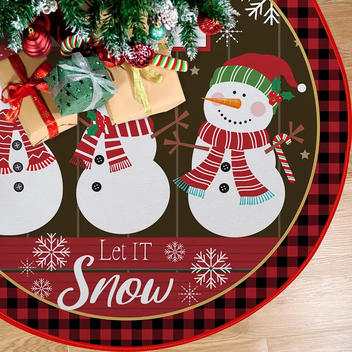 Polyester Christmas Tree Skirt with Snowflake and Snowman Pattern, Classic Plaid Border, Drawstring Closure, Holiday Decor