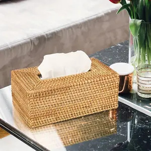 Handmade Rattan Nordic Vintage Creative Desktop Living Room Dining Room Square Tissue Box Storage Drawer Box, Rectangular Woven Tissue Box