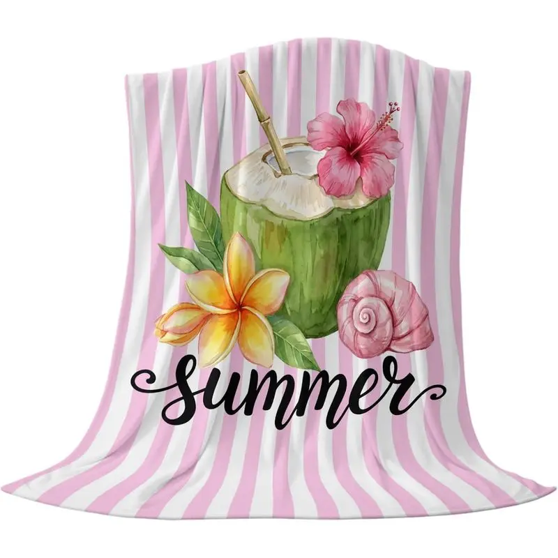 Summer Coconut Throw Blanket Tropical Shell Floral Pink Stripes Flannel Fleece Super Soft Fuzzy Blankets Cozy Warm Lightweight Bed Throws for Couch Sofa Travel Camping 60"x40"