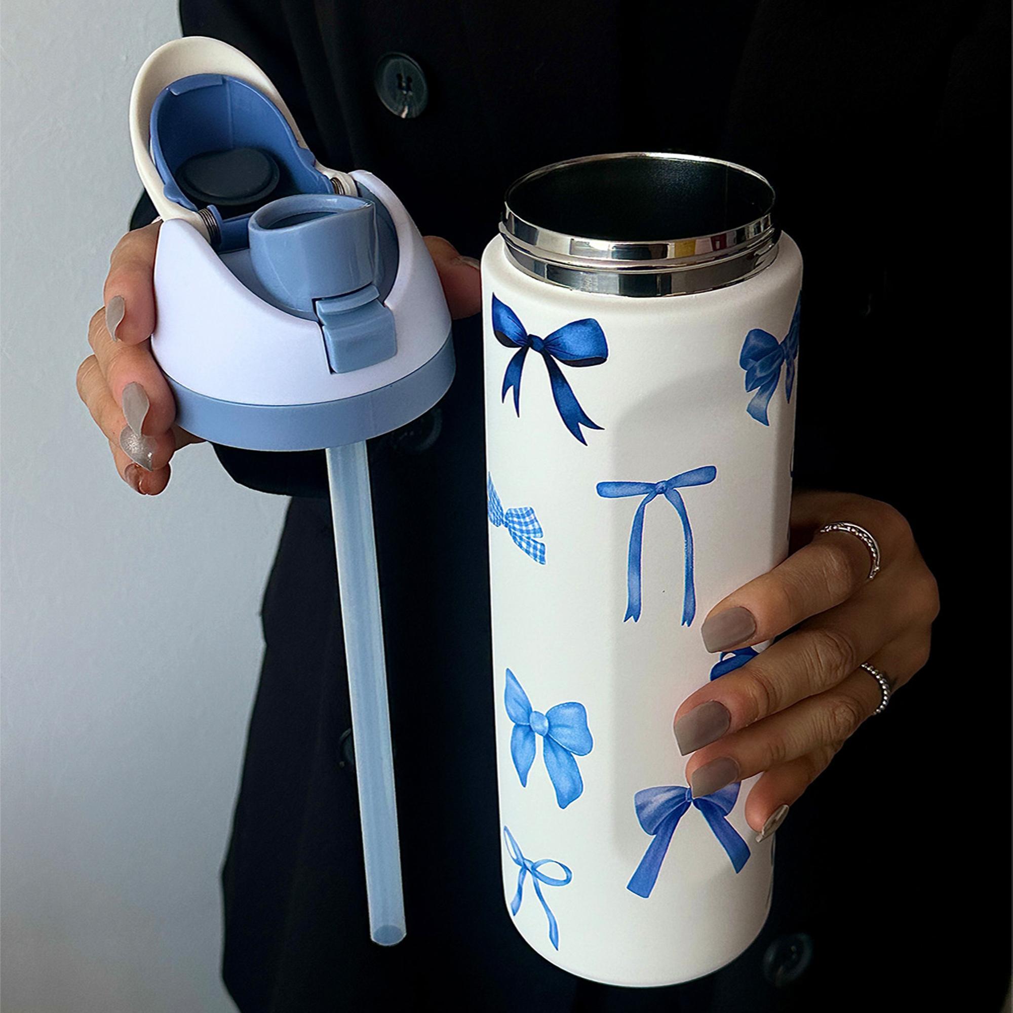 Bow Pattern Stainless Steel Vacuum Flask, 1 Count Portable Leakproof Traveler Tumbler Insulated Water Bottle with Straw, Summer Cool Drinking Cup for Home, Office, School and Outdoor Camping, Drinkware