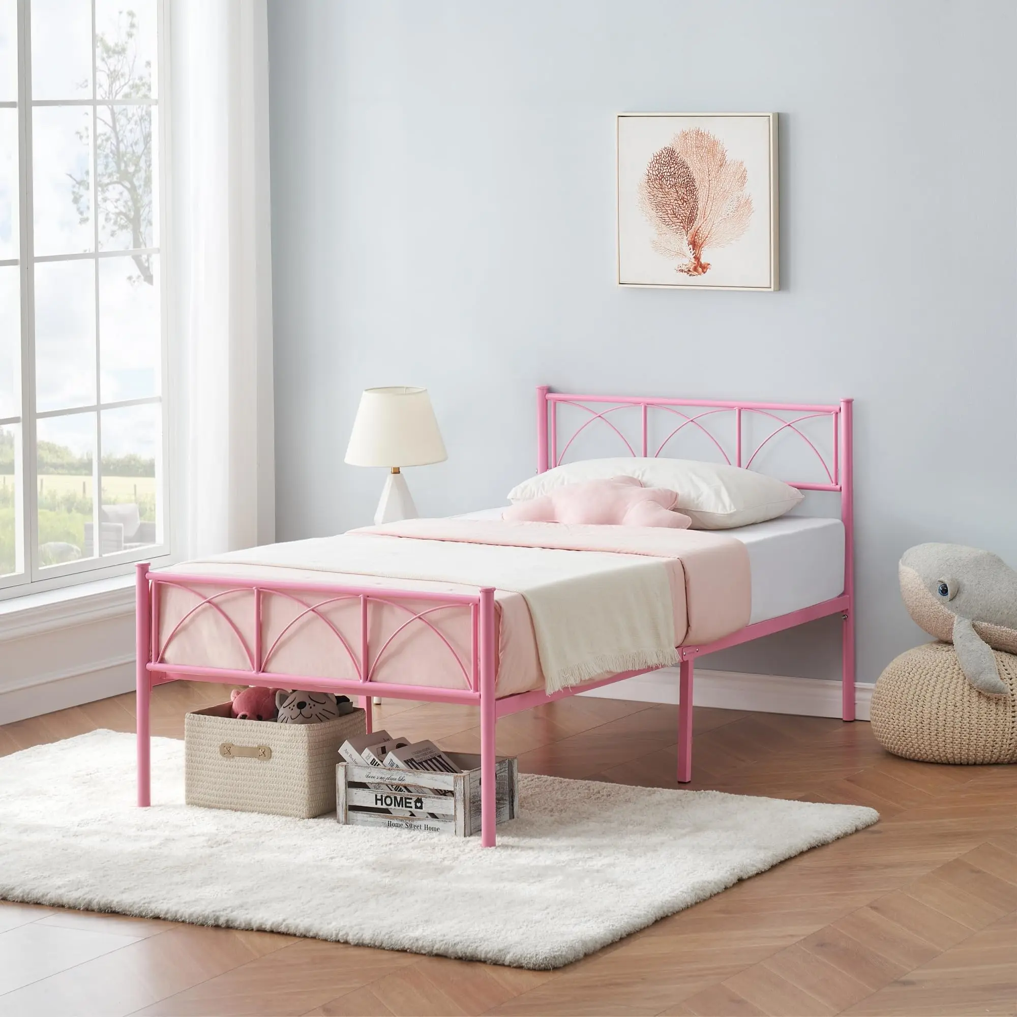 Twin Size Bed Frame with Headboard and Footboard – Pink Twin Bed Frame for Girls/Boys/Teens – Heavy Duty Metal Slat Support, No Box Spring Needed, Easy Assembly