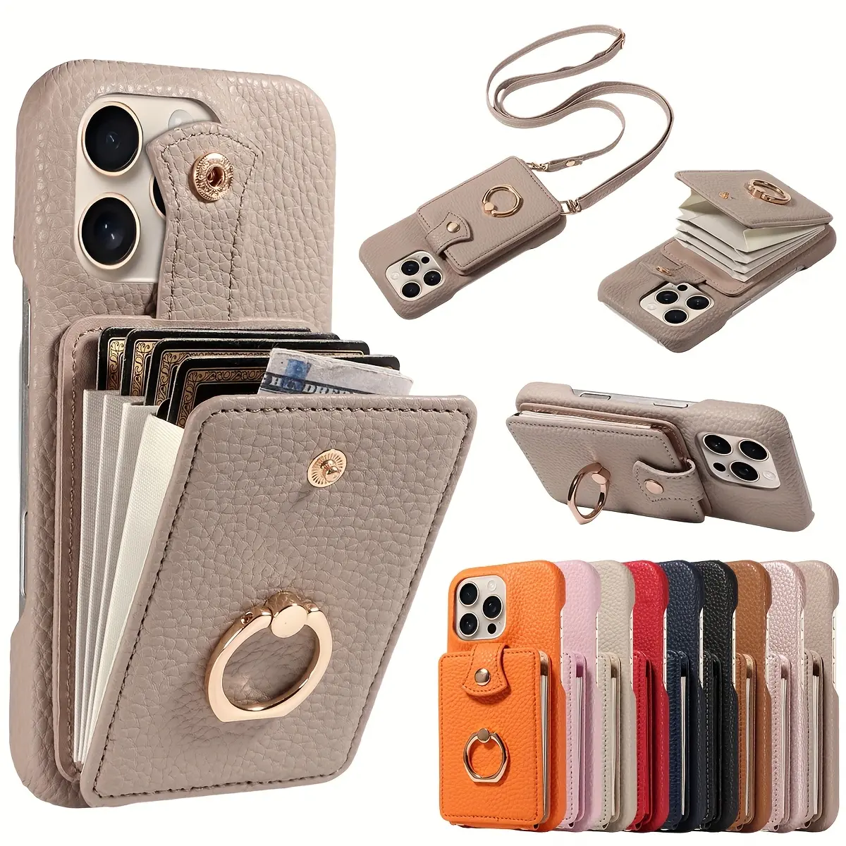 Phone Case: Synthetic Leather Accordion Flip Cover Case with Ring Stand, Crossbody Strap with Long Lanyard, Multi-Card Slots, and Drop-Proof Protection for iPhone 17 Pro Max/17e/16/15/14/13/12/11