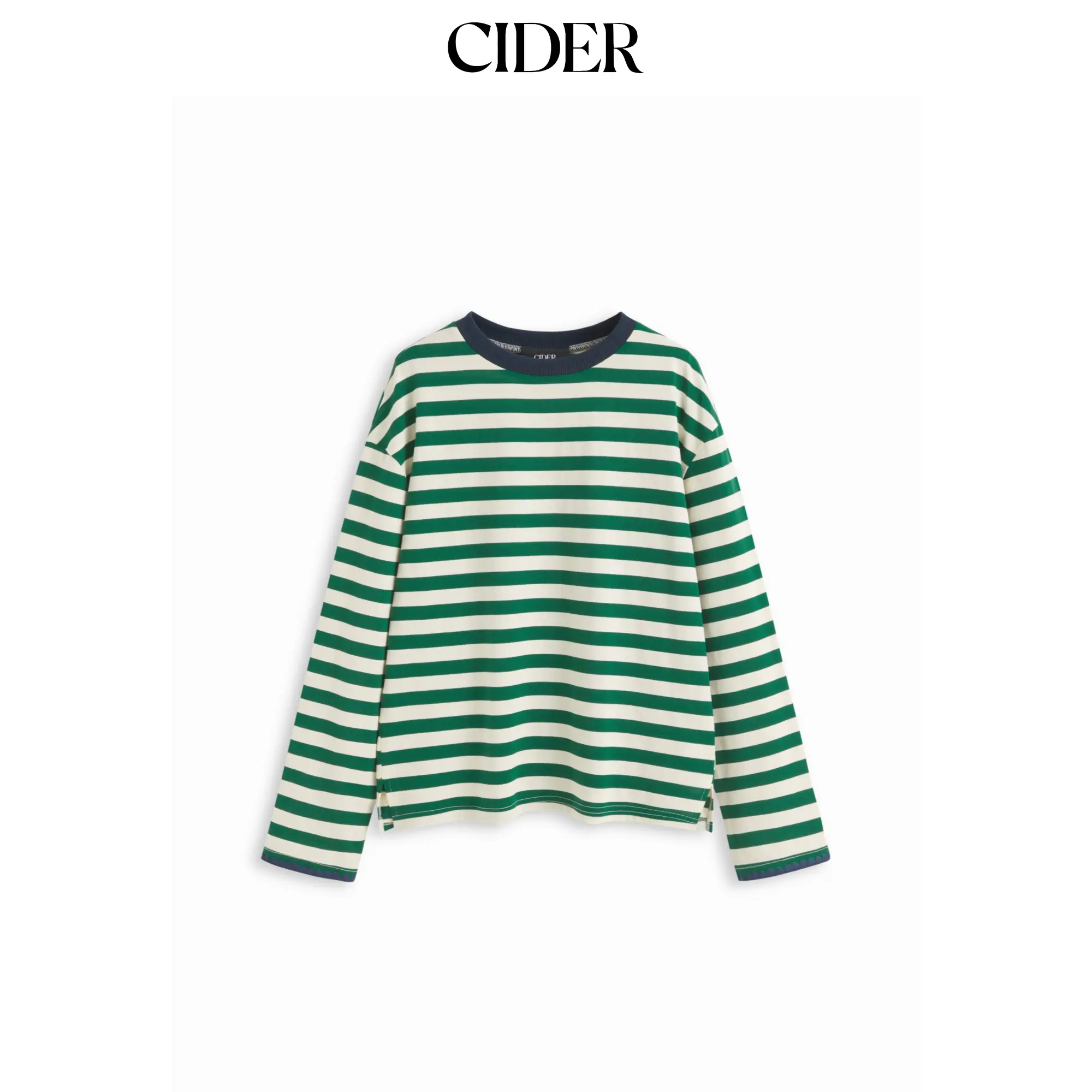 Cider Round Neckline Striped Long Sleeve Oversized Tee